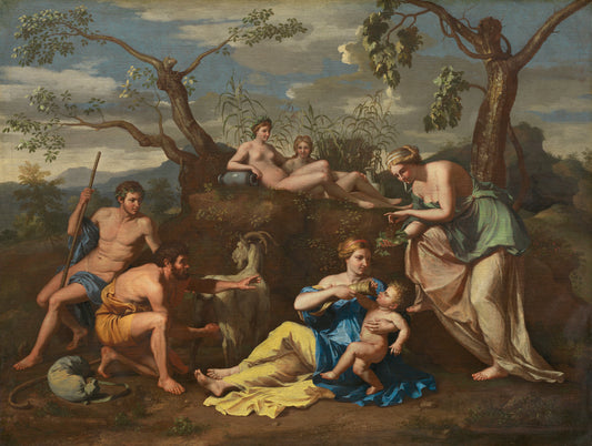 c. 1650 by Follower of Nicolas Poussin (Nymphs Feeding the Child Jupiter), 16X12"(A3)Poster Print