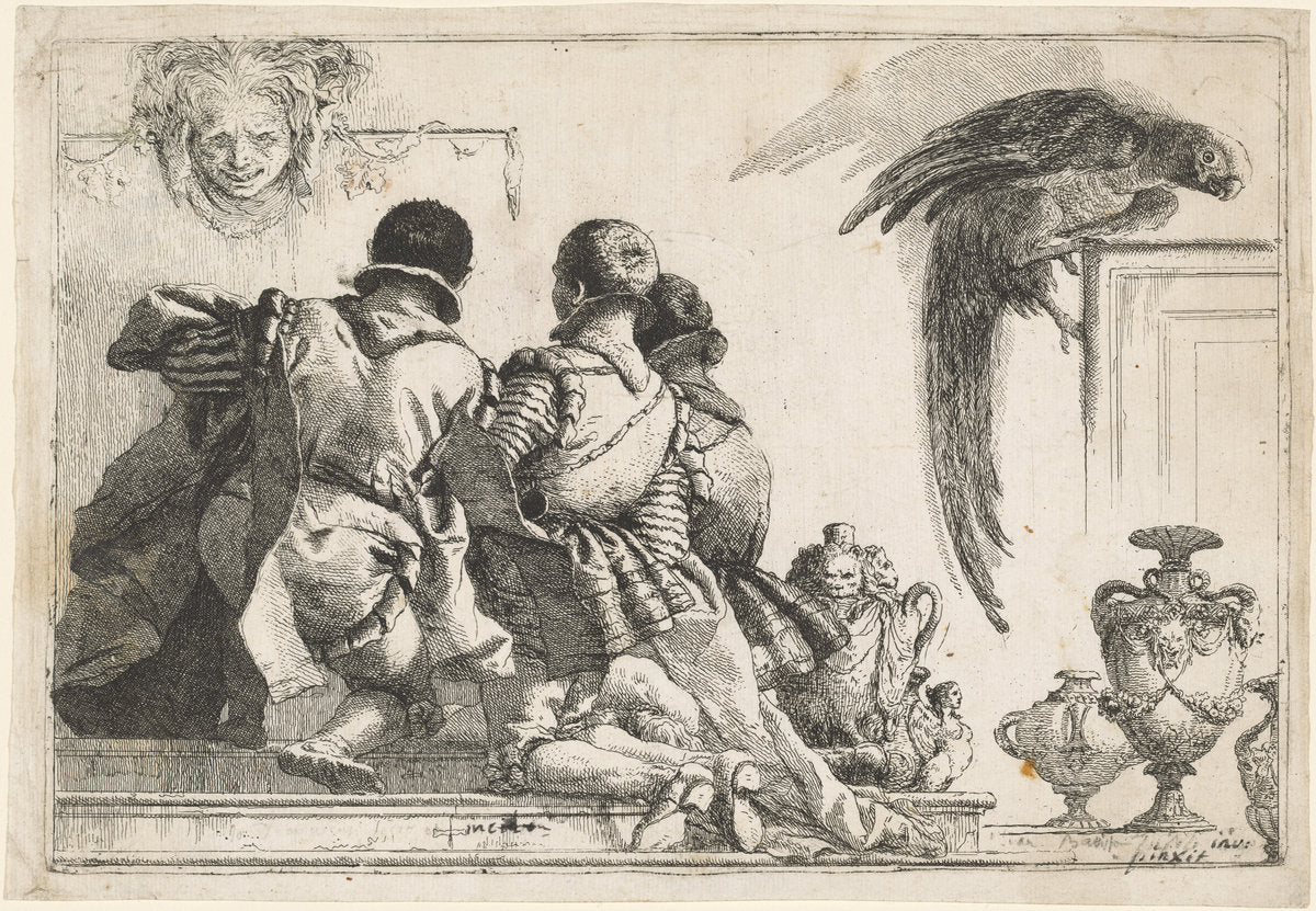 Kneeling Pages, a Mask, and a Parrot by Giovanni Domenico Tiepolo (Venetian, 1727 - 1804), 16X12"(A3)Poster Print