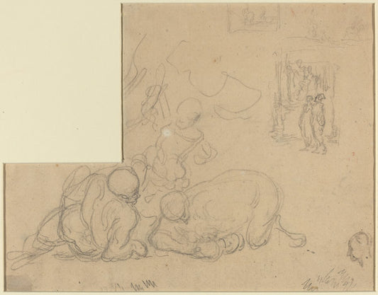 Sheet of Studies with Two Large Men on the Ground by Honoré Daumier (French, 1808 - 1879), 16X12"(A3)Poster Print
