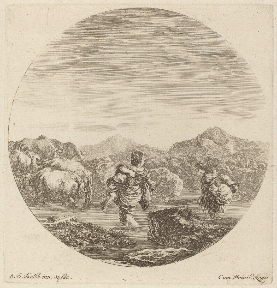 Two Women Fording a Creek with a Herd of Cows by Stefano Della Bella (Italian, 1610 - 1664), 16X12"(A3)Poster Print