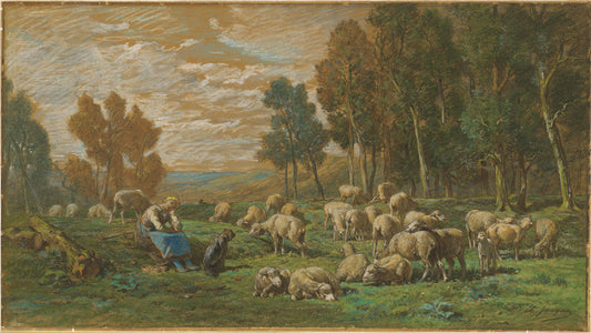 The Shepherdess by Charles Émile Jacque (French, 1813 - 1894), 16X12"(A3)Poster Print