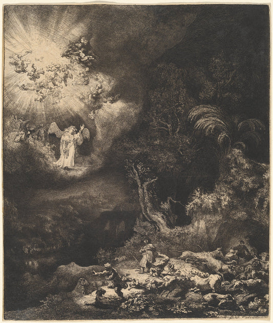 The Angel Appearing to the Shepherds by Rembrandt van Rijn (Dutch, 1606 - 1669), 16X12"(A3)Poster Print