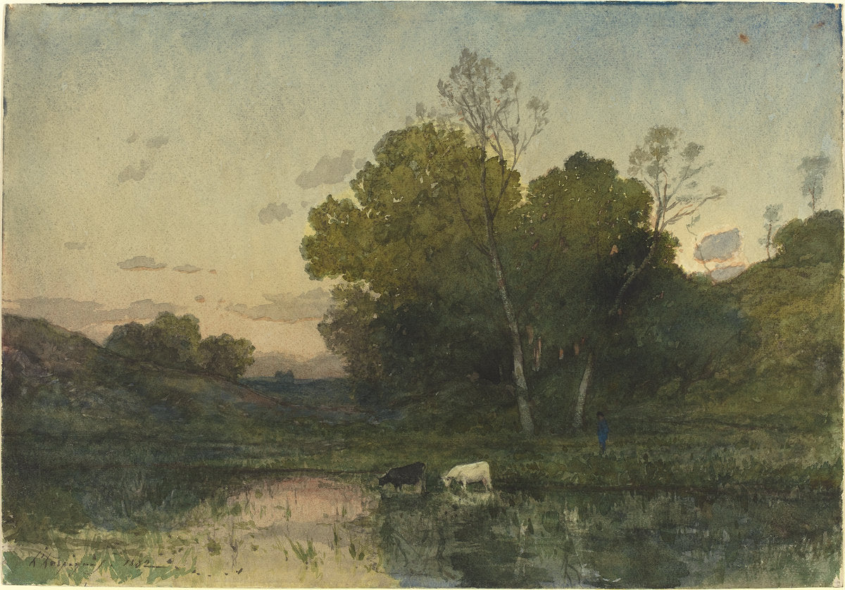 Evening Light on a Wooded Lakeside with Cattle Drinking by Henri-Joseph Harpignies (French, 1819 - 1916), 16X12"(A3)Poster Print