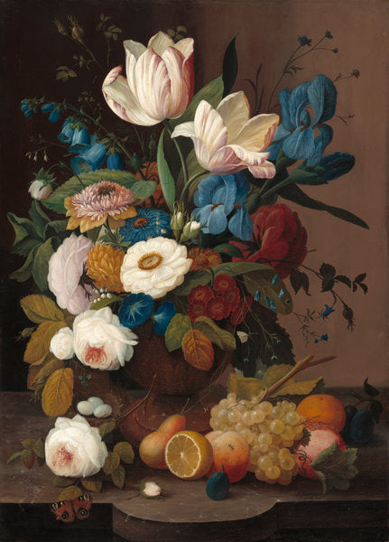 Still Life, Flowers, and Fruit by Severin Roesen (American, born Germany, 1816 - after 1872), 16X12"(A3)Poster Print