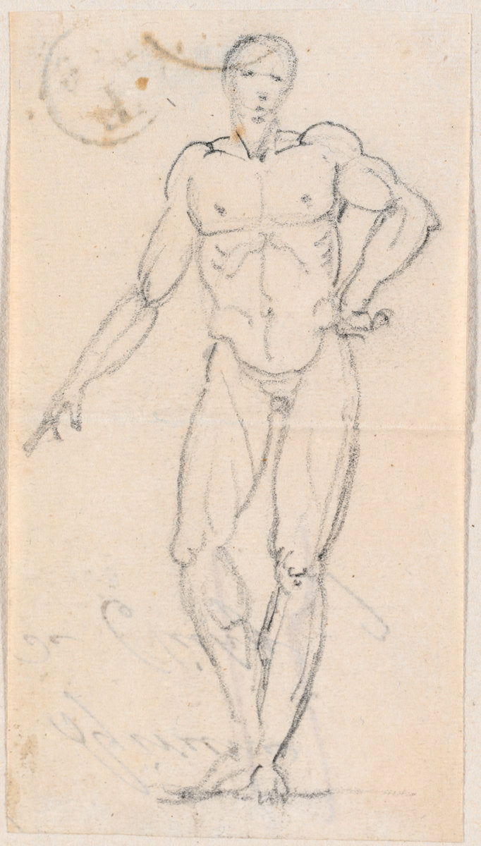 Statue of a Male Nude with Hand on Hip by Hubert Robert (French, 1733 - 1808), 16X12"(A3)Poster Print