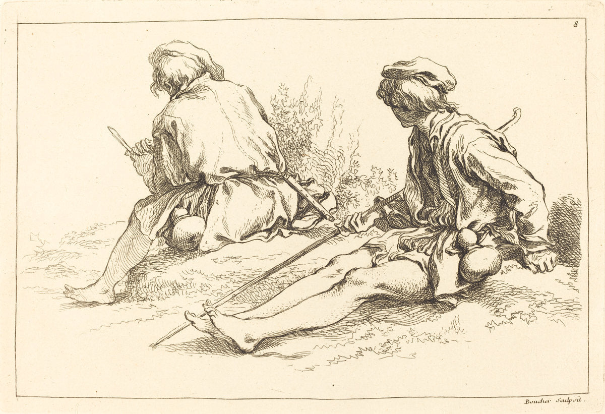Seated Shepherd Boys by François Boucher after Abraham Bloemaert (French, 1703 - 1770), 16X12"(A3)Poster Print