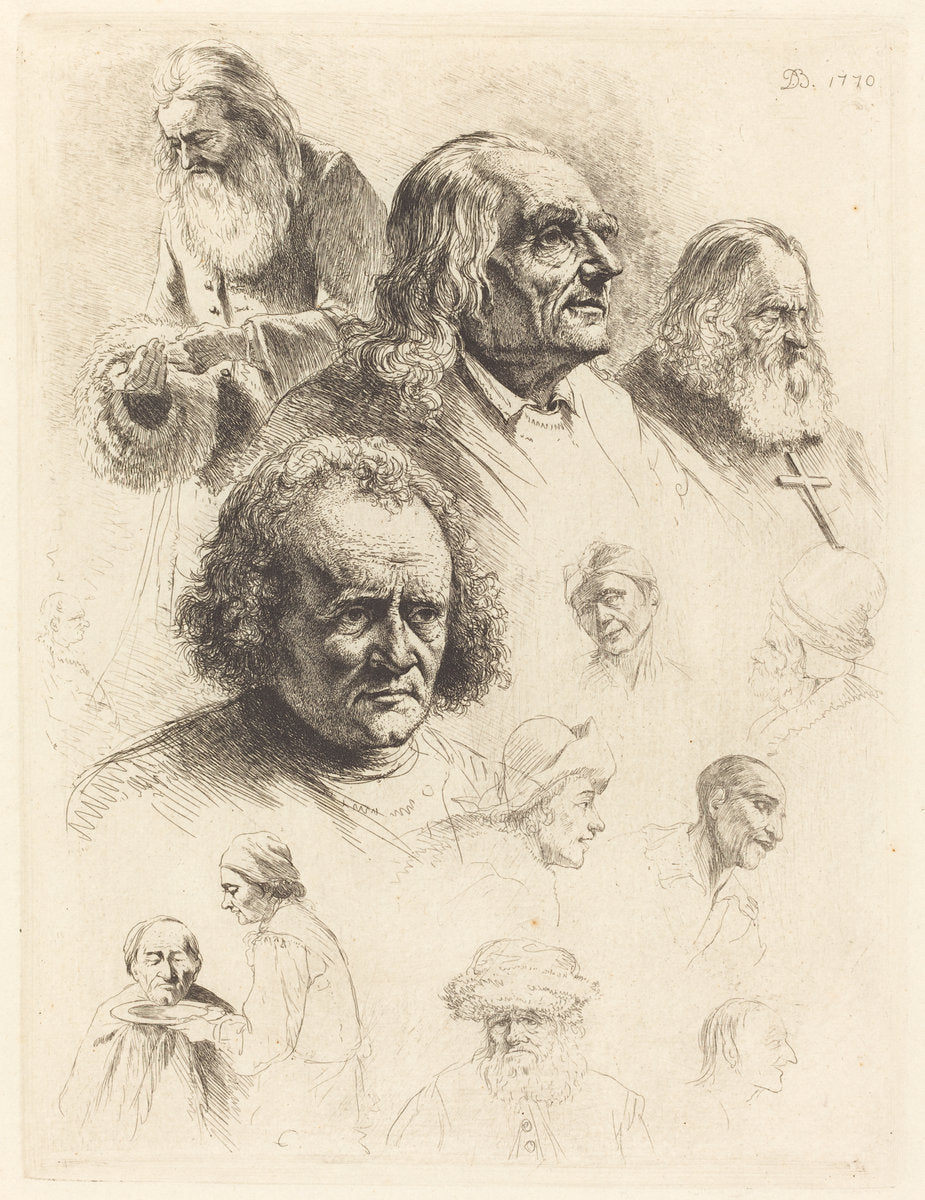 Thirteen Studies of Heads by Jean-Jacques de Boissieu (French, 1736 - 1810), 16X12"(A3)Poster Print