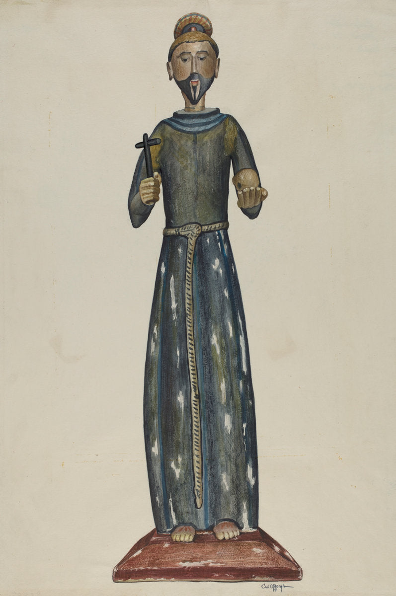 Bulto, Priest Carrying Cross and Skull by Carl O'Bergh (American, 1911 - 1978), 16X12"(A3)Poster Print