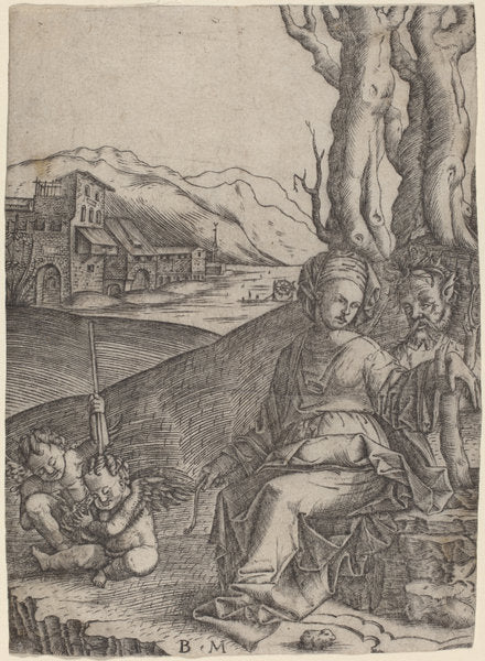 Woman and Satyr with Two Cupids by Benedetto Montagna (Italian, c. 1480 - 1555 or 1558), 16X12"(A3)Poster Print