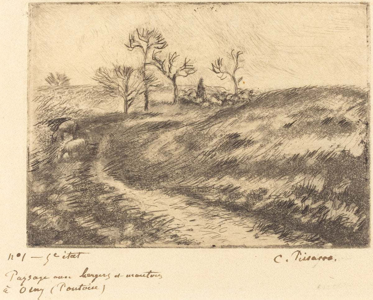 Paysage avec berger et moutons a Osny (Pontoise) by Camille Pissarro (French, 1830 - 1903), 16X12"(A3)Poster Print