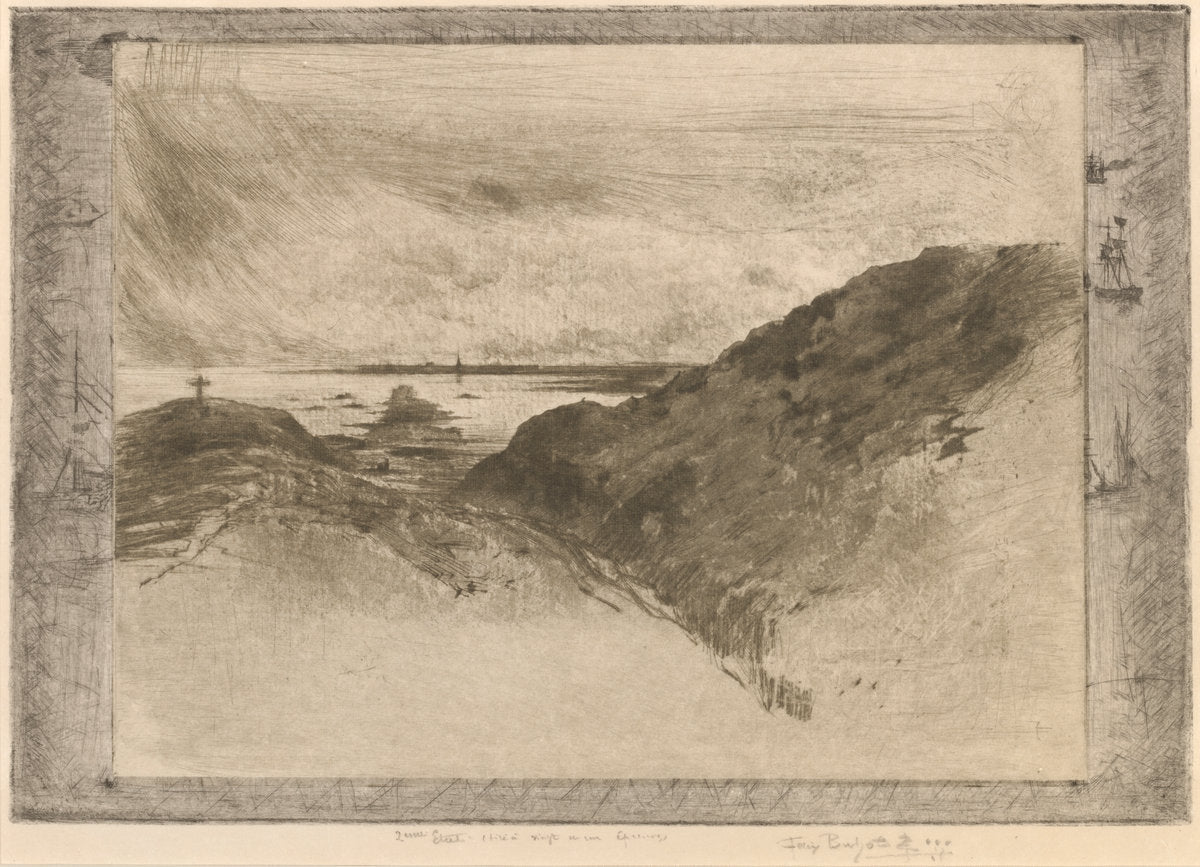 La Falaise: Baie de Saint-Malo (The Cliff: Saint-Malo Bay) by Félix-Hilaire Buhot (French, 1847 - 1898), 16X12"(A3)Poster Print