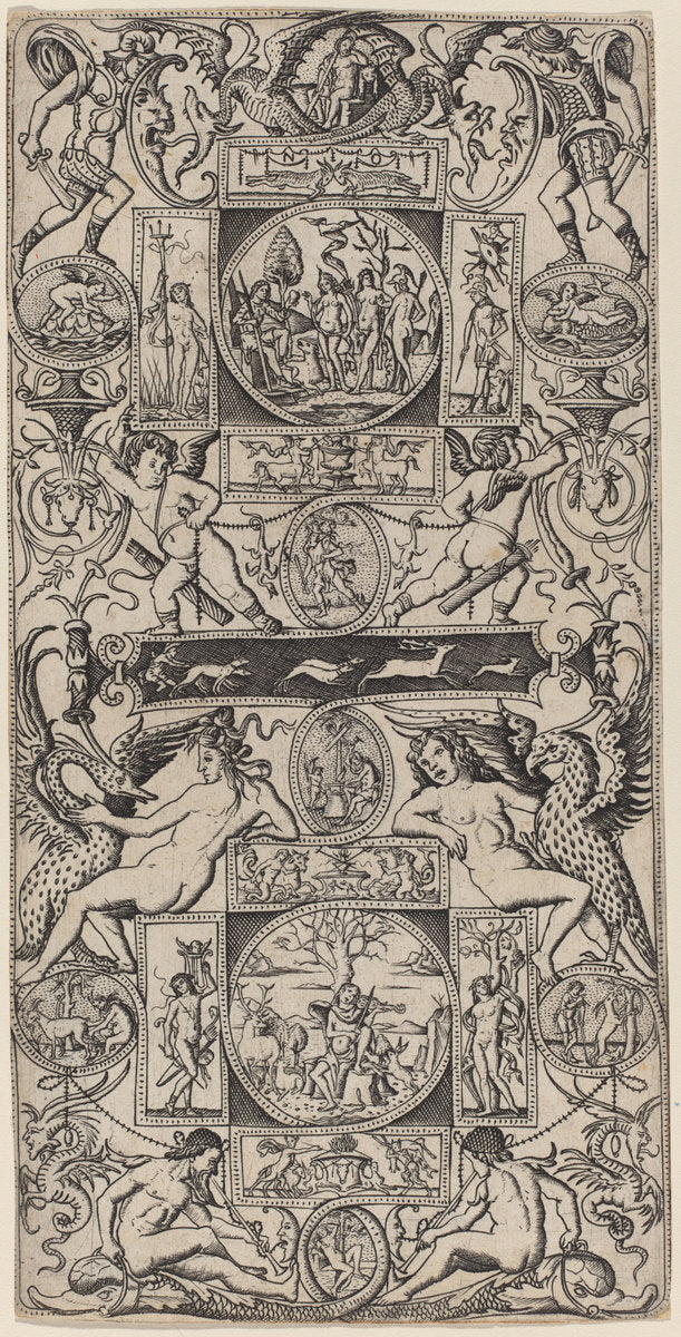 Ornament Panel with Orpheus and the Judgment of Paris by Nicoletto da Modena (Italian, active 1500/1512), 16X12"(A3)Poster Print