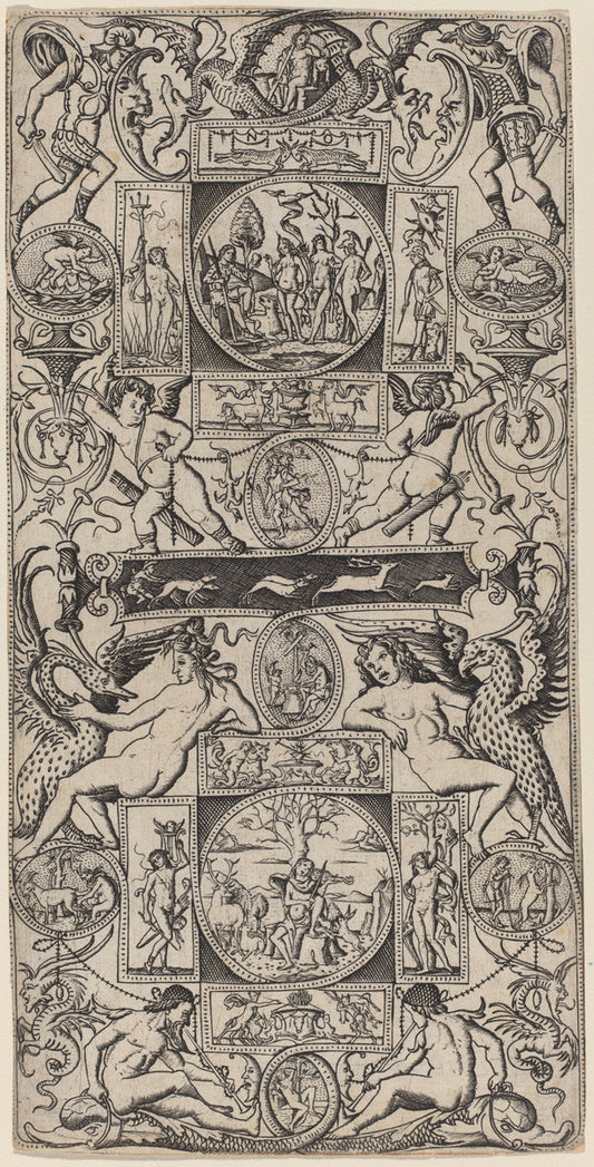 Ornament Panel with Orpheus and the Judgment of Paris by Nicoletto da Modena (Italian, active 1500/1512), 16X12"(A3)Poster Print
