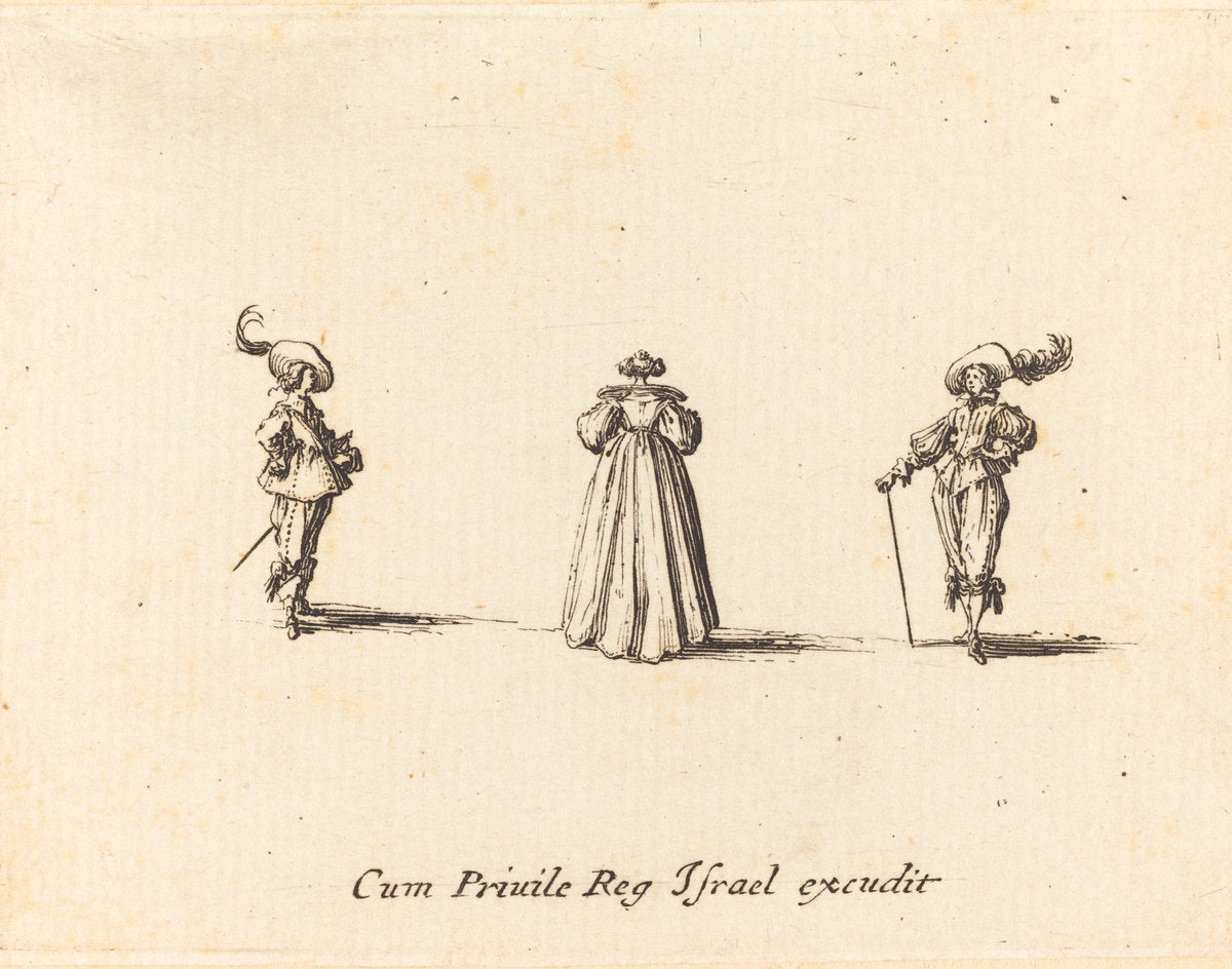 Lady Seen from Behind, and Two Gentlemen by Jacques Callot (French, 1592 - 1635), 16X12"(A3)Poster Print