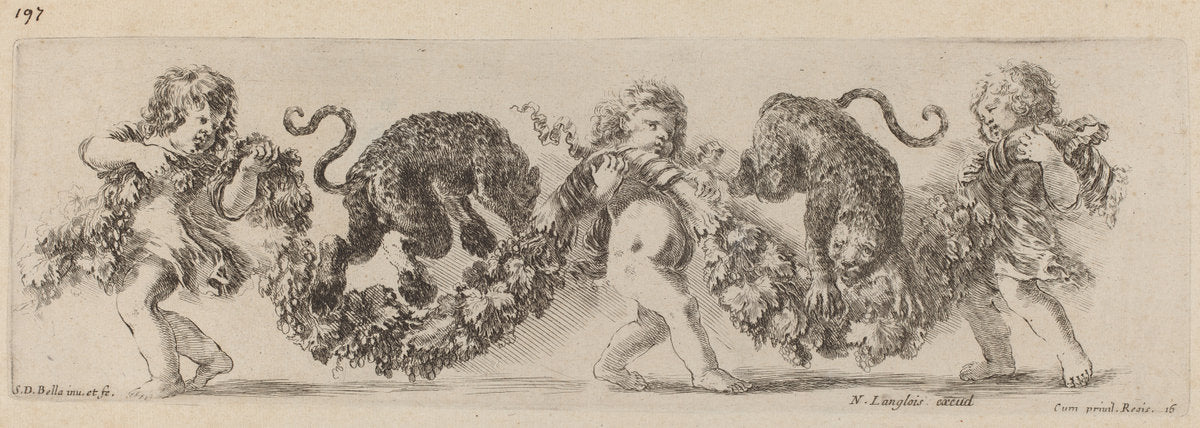 Two Leopards Jumping a Festoon Supported by Children by Stefano Della Bella (Italian, 1610 - 1664), 16X12"(A3)Poster Print