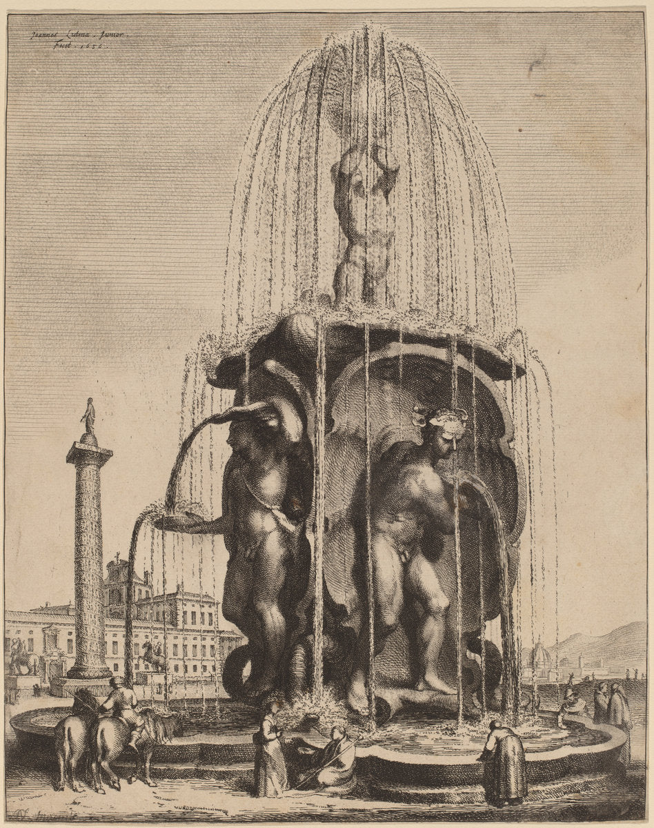 The Fountain and the Column of Trajan in Rome by Jan Lutma II (Dutch, 1624 - 1689), 16X12"(A3)Poster Print