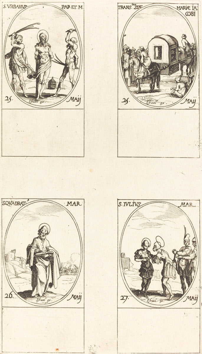 St. Urban; The Translation of St. Mary of James; St. Quadrat; St. Julius by Jacques Callot (French, 1592 - 1635), 16X12"(A3)Poster Print