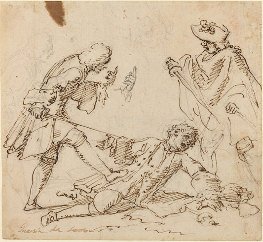 c. 1700 by Italian 17th or 18th Century (Three Men Fighting), 16X12"(A3)Poster Print