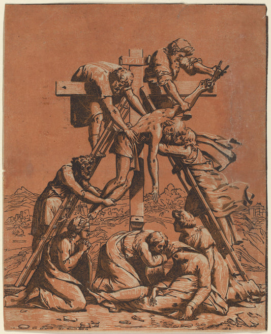 The Descent from the Cross by Ugo da Carpi after Raphael (Italian, c. 1480 - 1532), 16X12"(A3)Poster Print