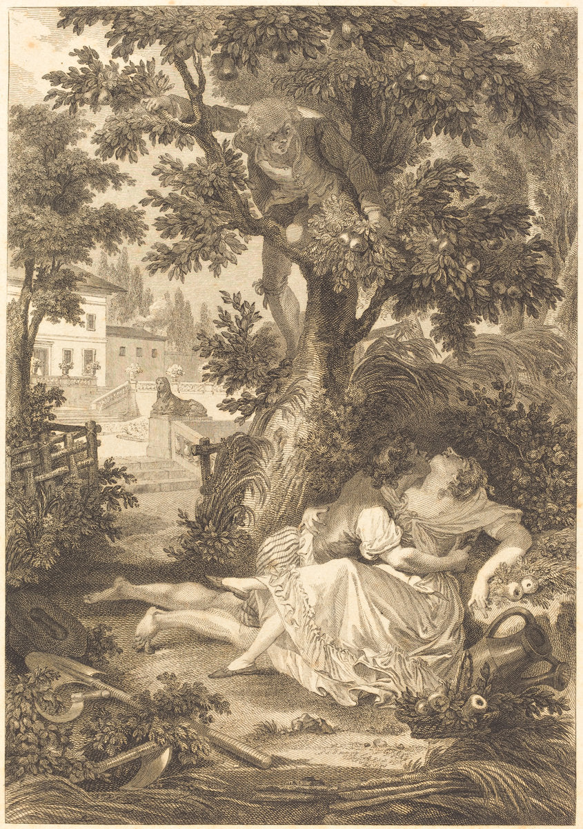 etching by after Jean-Baptiste Mallet (La gageure des trois commeres: Le poirier), 16X12"(A3)Poster Print