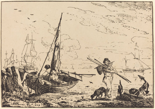 Marine: Fishing Boats on Shore, Man with Oars, Ship in Distance by John Thomas Serres (British, 1759 - 1825), 16X12"(A3)Poster Print