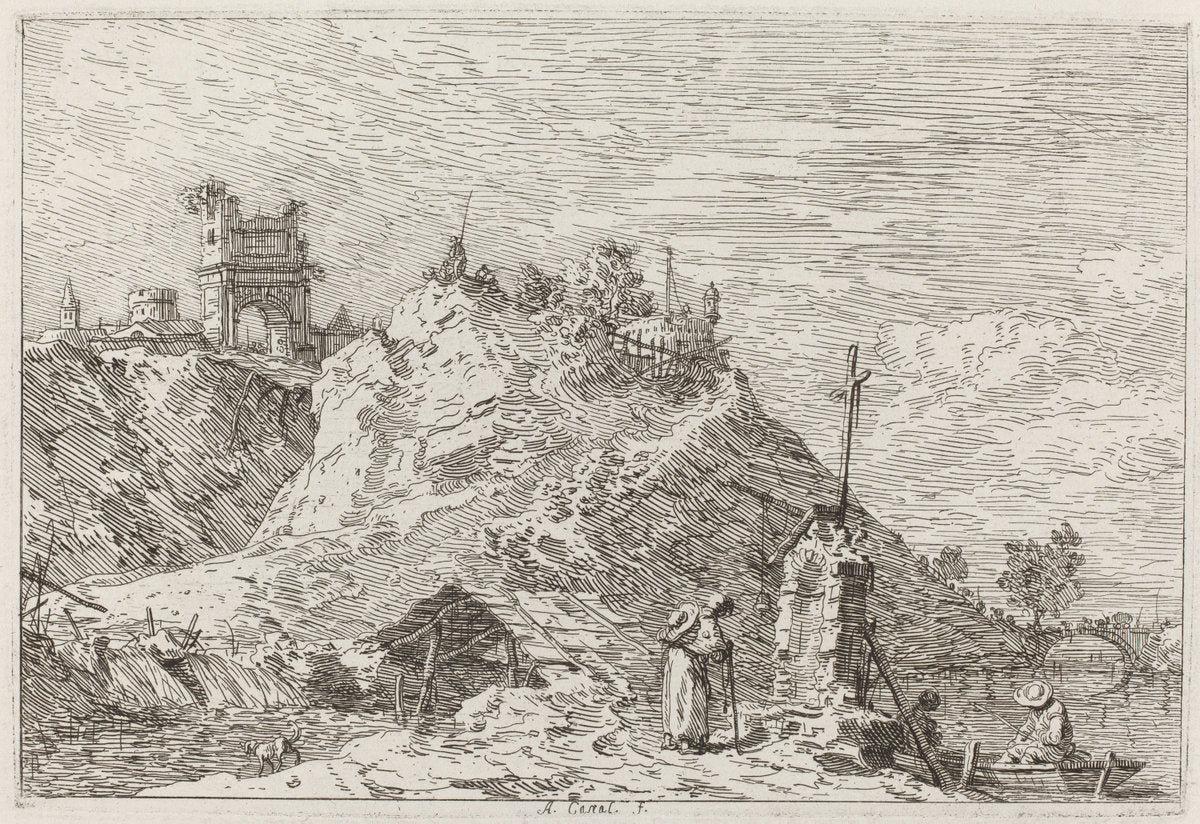 Landscape with the Pilgrim at Prayer [upper left] by Canaletto (Italian, 1697 - 1768), 16X12"(A3)Poster Print
