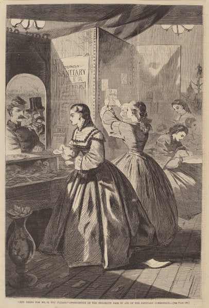 published 1864 by after Winslow Homer ("Any Thing for Me, If You Please?" - Post Office of the Brooklyn Fair in Aid of the Sanitary Commission), 16X12"(A3)Poster Print