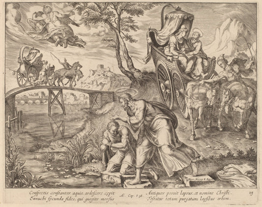The Baptism of the Eunuch by Saint Philip by Philip Galle after Maerten van Heemskerck (Flemish, 1537 - 1612), 16X12"(A3)Poster Print
