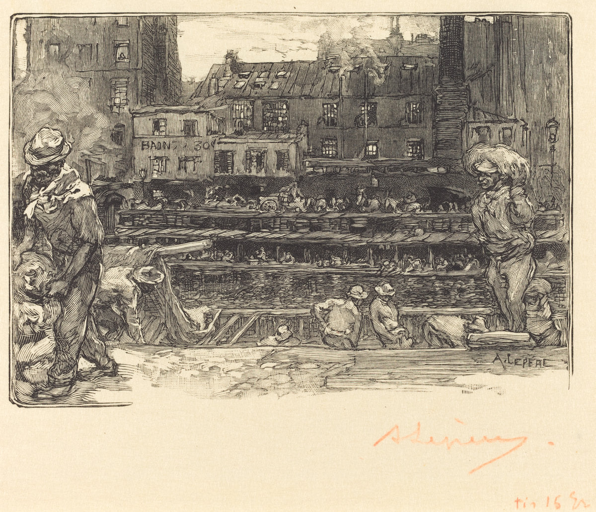 Unloading, Canal St. Martin (Les dechargeurs de platre, Canal Saint-Martin) by Auguste Lepère (French, 1849 - 1918), 16X12"(A3)Poster Print