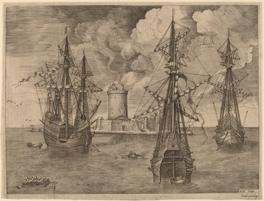 Four-Master (Left) and Two Three-Masters Anchored near a Fortified Island with a Lighthouse by Frans Huys after Pieter Bruegel the Elder (Flemish, 1522 - 1562), 16X12"(A3)Poster Print