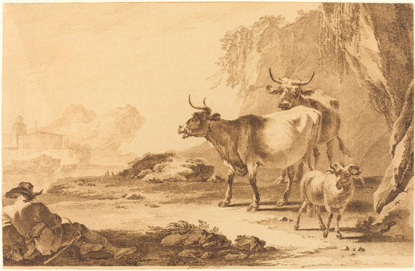 Landscape with Cattle, a Goat, and a Resting Shepherd by Pietro Giacomo Palmieri (Italian, 1737 - 1804), 16X12"(A3)Poster Print