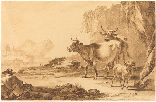 Landscape with Cattle, a Goat, and a Resting Shepherd by Pietro Giacomo Palmieri (Italian, 1737 - 1804), 16X12"(A3)Poster Print