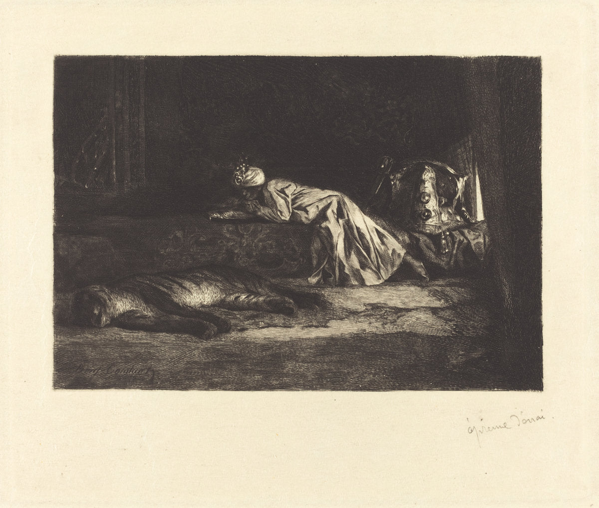 Oriental Interior with Sleeping Tiger by Jean Joseph Benjamin Constant (French, 1845 - 1902), 16X12"(A3)Poster Print