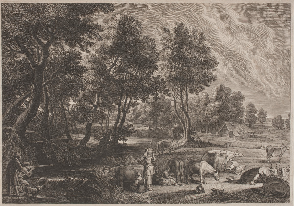 Farm Landscape with Hunters and Milkmaids by Schelte Adams Bolswert, after Sir Peter Paul Rubens (Flemish, 1586 - 1659), 16X12"(A3)Poster Print