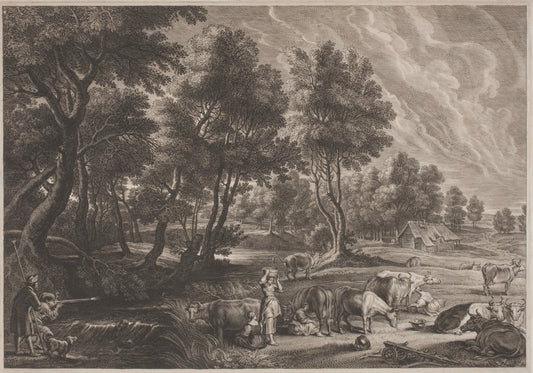 Farm Landscape with Hunters and Milkmaids by Schelte Adams Bolswert, after Sir Peter Paul Rubens (Flemish, 1586 - 1659), 16X12"(A3)Poster Print