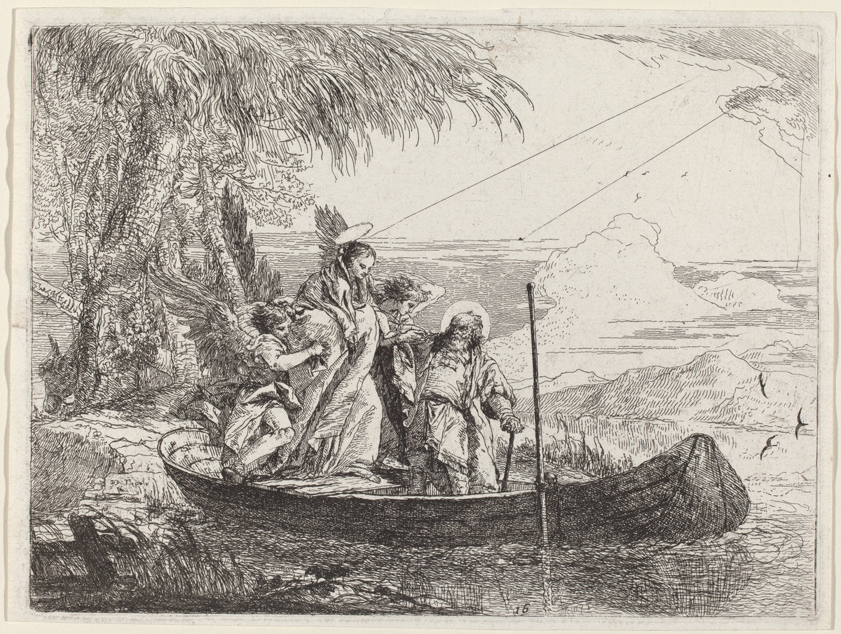 The Madonna, Child, and Angels Entering the Boat by Giovanni Domenico Tiepolo (Italian, 1727 - 1804), 16X12"(A3)Poster Print