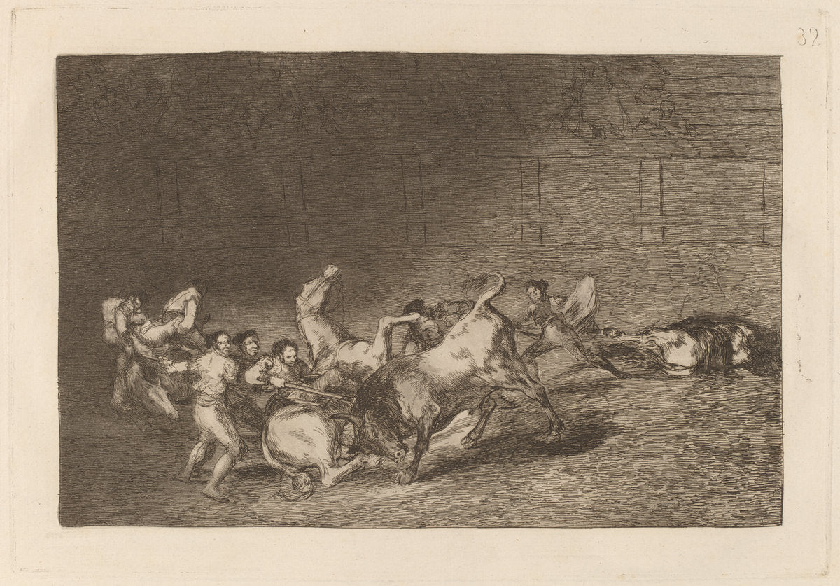 Dos grupos de picadores arrollados  de seguida por un solo toro (Two Teams of Picadors Thrown One after the Other by a Single Bull) by Francisco de Goya (Spanish, 1746 - 1828), 16X12"(A3)Poster Print