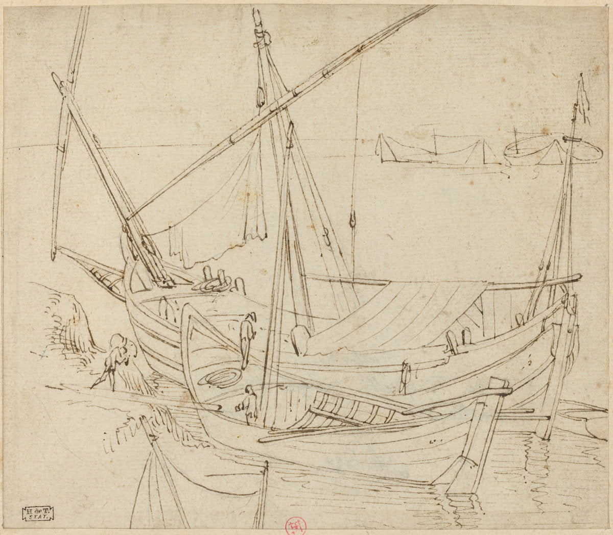 pen an brown ink on laid paper by Follower of Agostino Tassi (Boats), 16X12"(A3)Poster Print