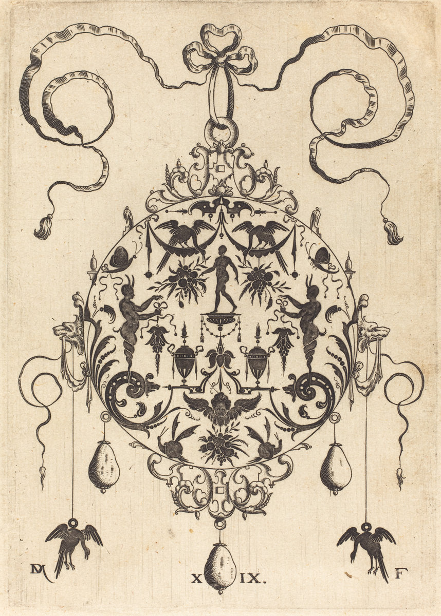 Large Pendant, In Circular Form, Nude Man Flanked by Two Herms by Daniel Mignot (German, active 1593/1596), 16X12"(A3)Poster Print