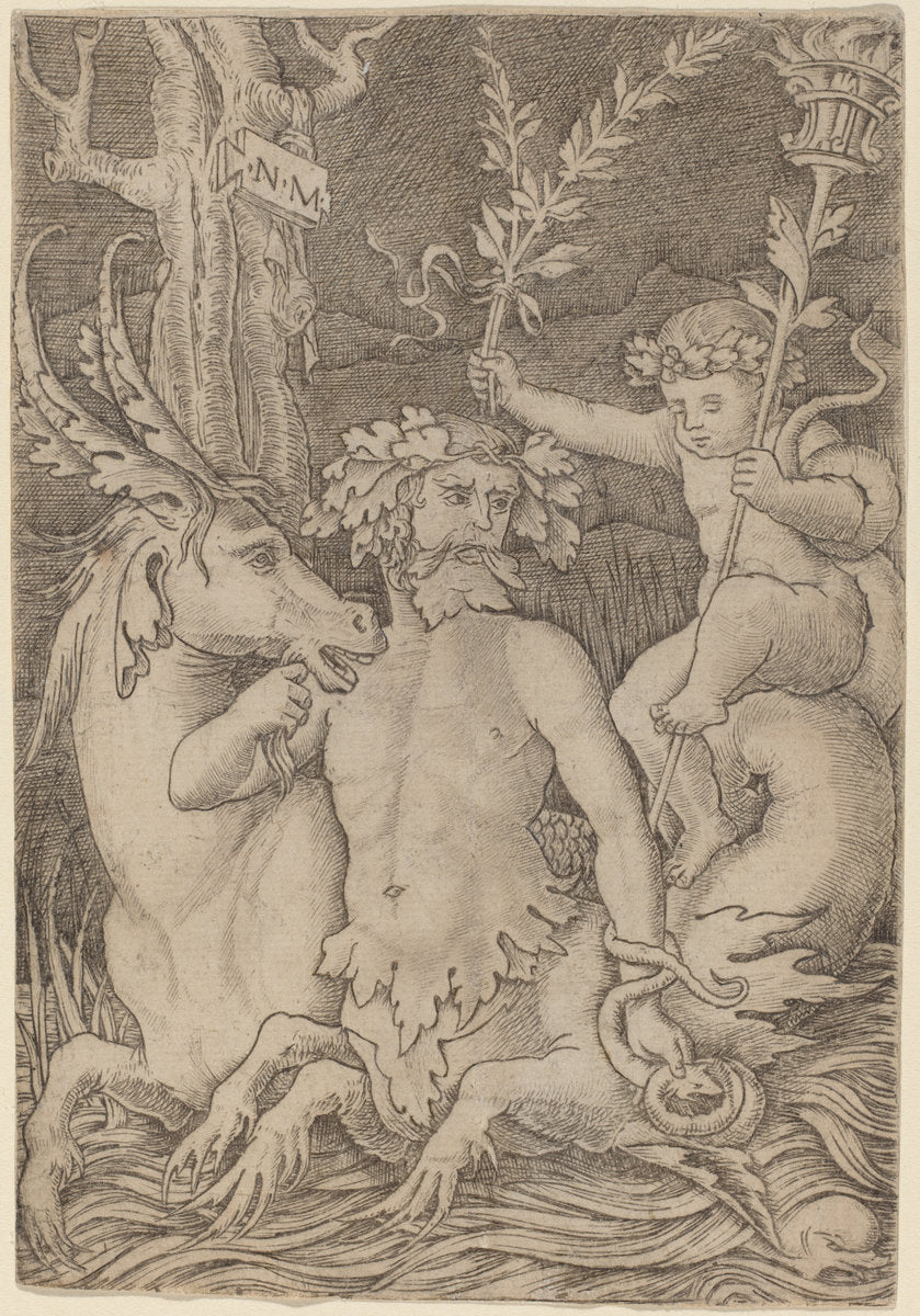 Triton Carrying a Child by Nicoletto da Modena (Italian, active 1500/1512), 16X12"(A3)Poster Print