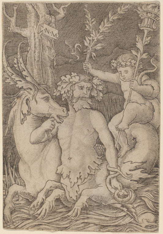Triton Carrying a Child by Nicoletto da Modena (Italian, active 1500/1512), 16X12"(A3)Poster Print