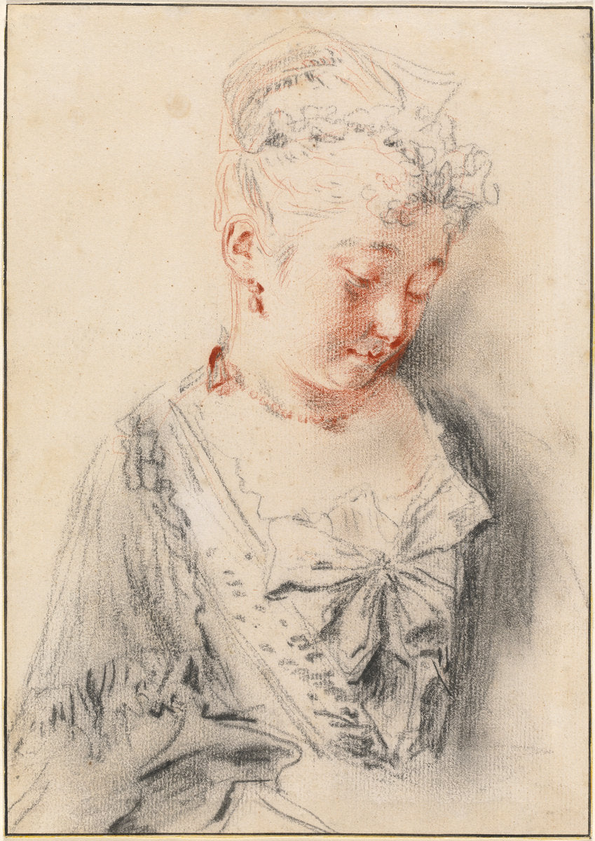 Seated Woman Looking Down by Antoine Watteau (French, 1684 - 1721), 16X12"(A3)Poster Print