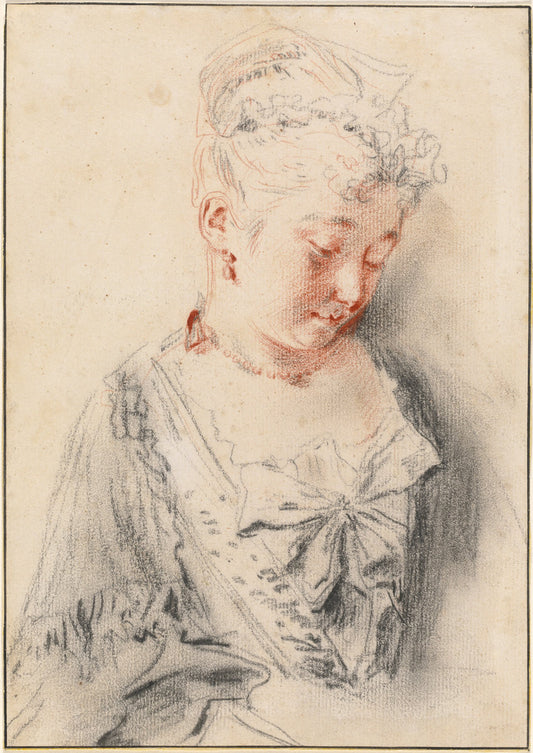 Seated Woman Looking Down by Antoine Watteau (French, 1684 - 1721), 16X12"(A3)Poster Print