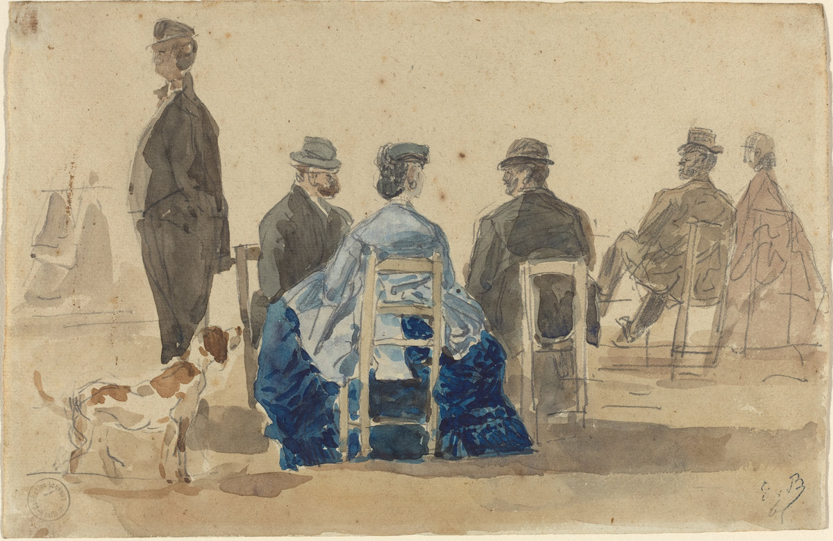 Ladies and Gentlemen Seated on the Beach with a Dog by Eugène Boudin (French, 1824 - 1898), 16X12"(A3)Poster Print