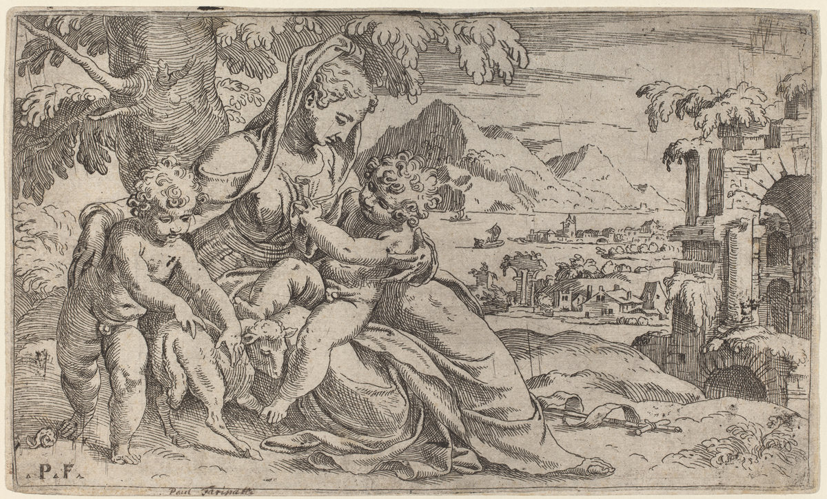 Madonna and Child with John the Baptist by Orazio Farinati after Paolo Farinati (Italian, 1559 - after 1616), 16X12"(A3)Poster Print