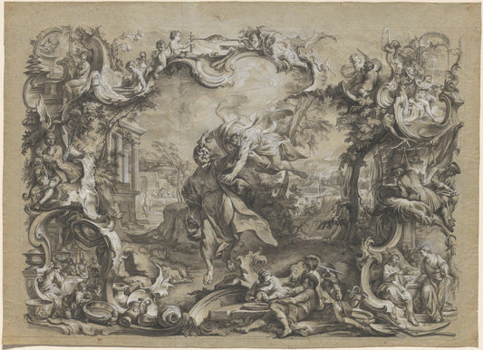 The Angel Carrying off Habakkuk by His Hair, Surrounded by an Elaborate Rococo Frame by Johann Wolfgang Baumgartner (German, 1709 - 1761), 16X12"(A3)Poster Print