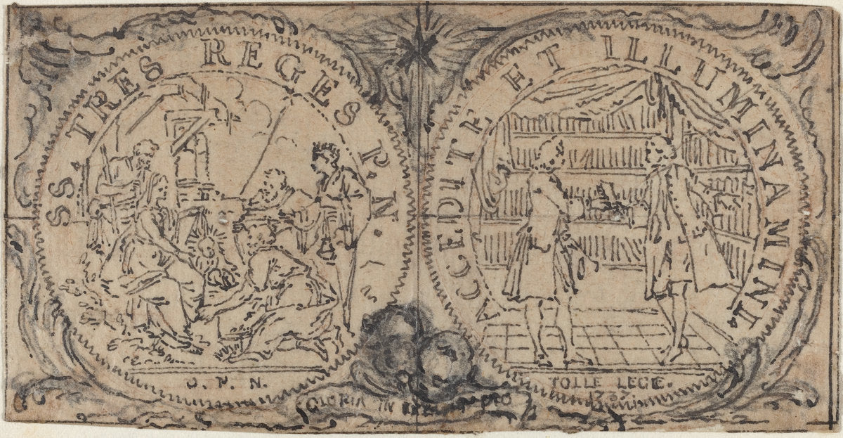 Ornamental Medallions with the Adoration of the Magi and Two Bibliophiles by Hubert François Gravelot (French, 1699 - 1773), 16X12"(A3)Poster Print