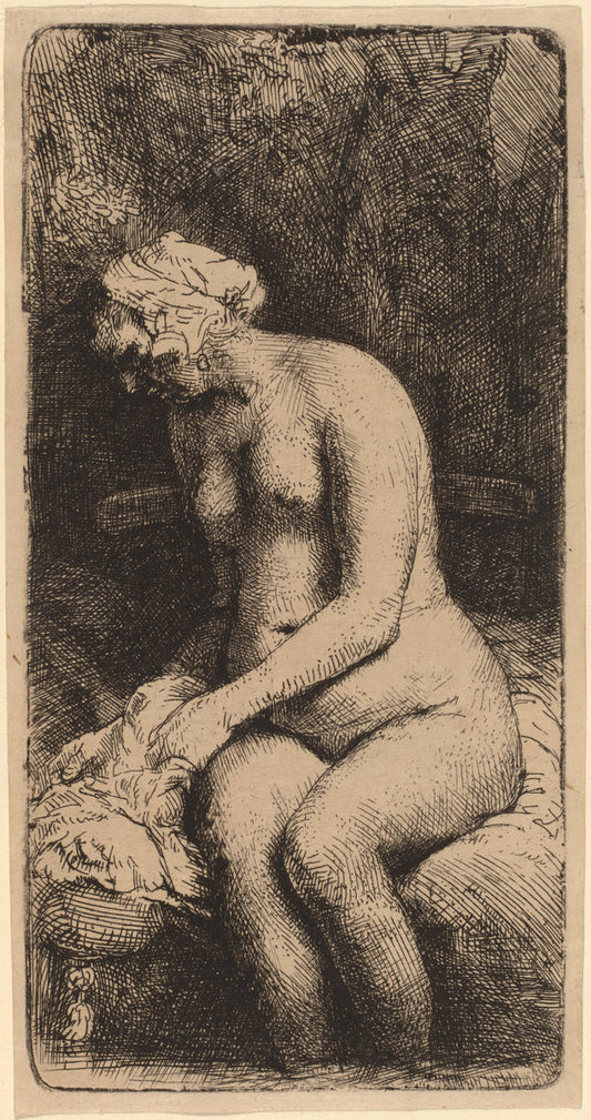 Nude Seated on a Bench with a Pillow (Woman Bathing Her Feet at a Brook) by Rembrandt van Rijn (Dutch, 1606 - 1669), 16X12"(A3)Poster Print