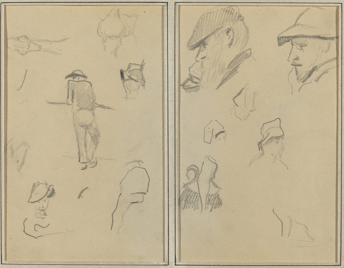 A Man Leaning on a Wall with Five Other Studies; Two Bearded Men Wearing Hats, and Five Other Studies [recto] by Paul Gauguin (French, 1848 - 1903), 16X12"(A3)Poster Print
