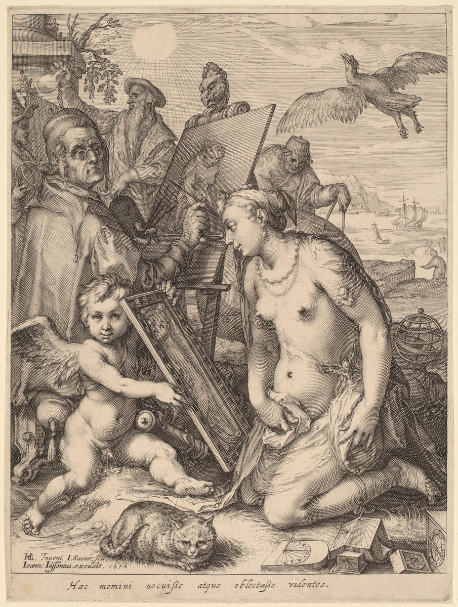 Artist Painting a Nude Woman: Allegory of Visual Perception by Jan Pietersz Saenredam, after Hendrik Goltzius (Dutch, 1565 - 1607), 16X12"(A3)Poster Print